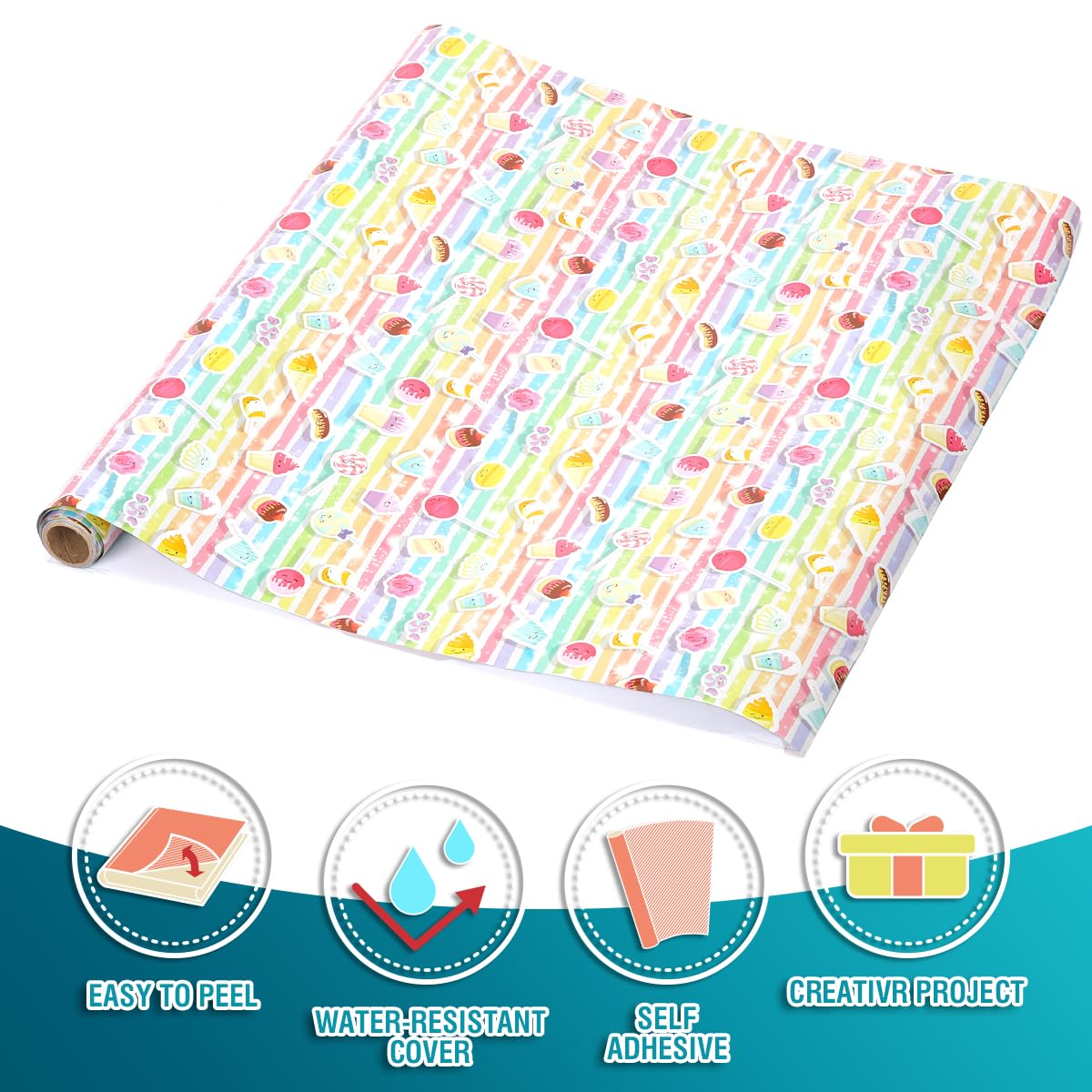 chell Peel and Stick Contact Paper Roll, 17.7 in x 6.5 ft Multicolor Self-Adhesive Book Cover Paper Protector, Candy Pattern