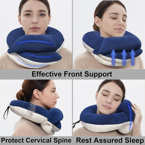 BUYUE Travel Neck Pillow - 360° Head Support for Comfortable Long Flights | Includes Eye Mask, Earplugs & Storage Bag (Navy)