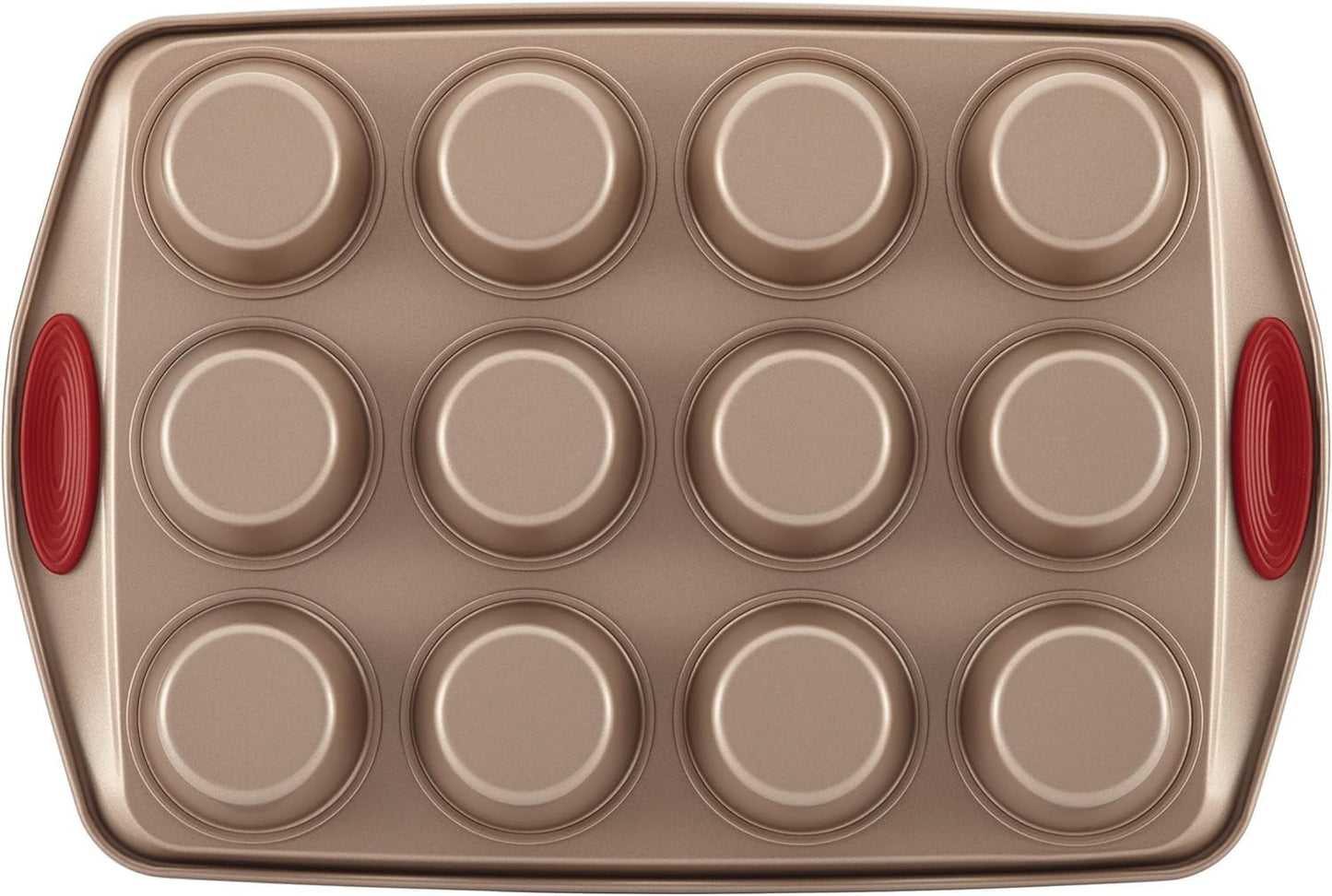 Rachael Ray Cucina Nonstick Bakeware Set - 10-Piece Baking Essentials in Latte Brown with Cranberry Red Grips