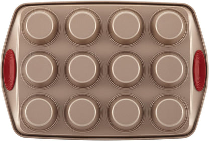 Rachael Ray Cucina Nonstick Bakeware Set - 10-Piece Baking Essentials in Latte Brown with Cranberry Red Grips