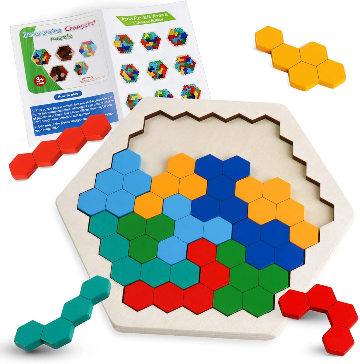Skrtuan Wooden Blocks Puzzle - Hexagon Brain Teaser for Kids & Adults | STEM Educational Toy
