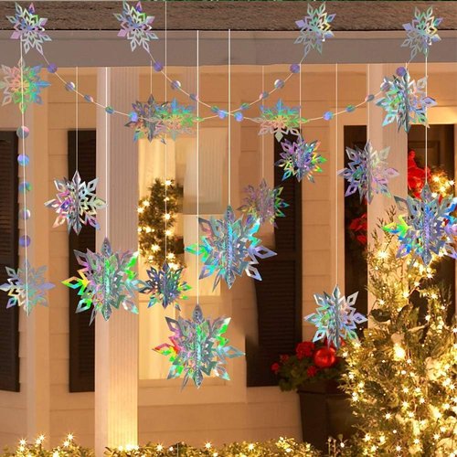 Cheerland Iridescent Snowflake Garland - Holographic 3D Streamers for Winter Wonderland Party Decor