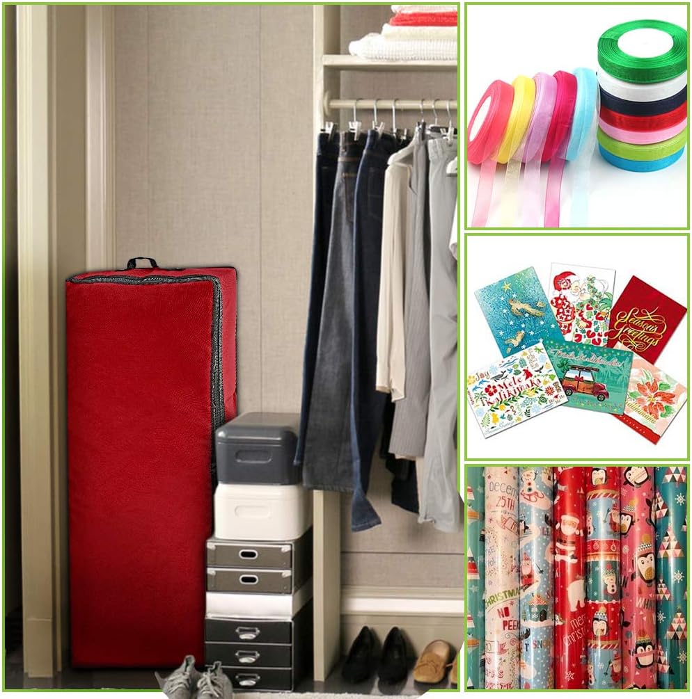 Primode Wrapping Paper Storage Container - Gift Wrap Organizer Under Bed | 41”x14”x6” | Holds 18-24 Rolls Up to 40” | Durable 600D Oxford | Includes Pockets for Ribbons and Bows (Red)