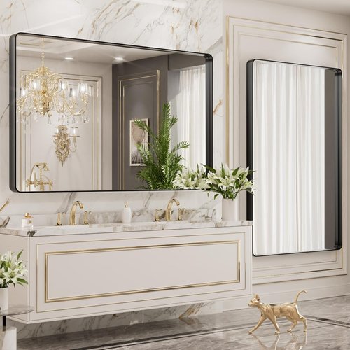 LOAAO Black Metal Framed Bathroom Mirror - 55X36 Inch Large Rounded Rectangle, Anti-Rust Tempered Glass