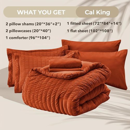 HYMOKEGE California King Comforter Set - Burnt Orange Seersucker 7-Piece Luxury Bedding Set