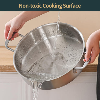 Yeksum Saute Pan with Lid, 5 Quart Tri-Ply Stainless Steel Saute Pan, 12inch Deep Frying Pan with Lid, Large Skillet, Rondeau Pot with Lid Compatible with All Cooktops Up to 600℉