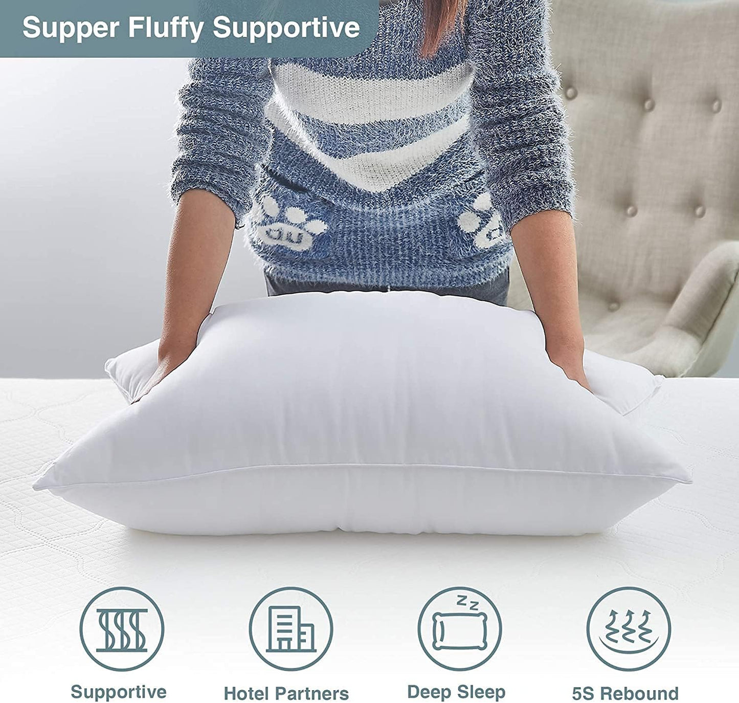 Acanva Bed Pillows for Sleeping - Soft Microfiber Fill, Skin-Friendly Cover | King Size, 2 Pack, White
