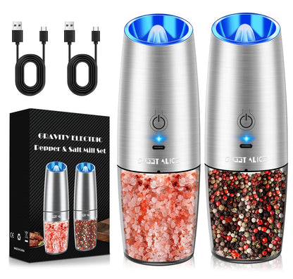 Rechargeable Electric Pepper and Salt Grinder Set, No Battery Needed, whit Gravity Sensing Switch and LED Light, One Hand Automatic Operation, Sliver 2 Pack