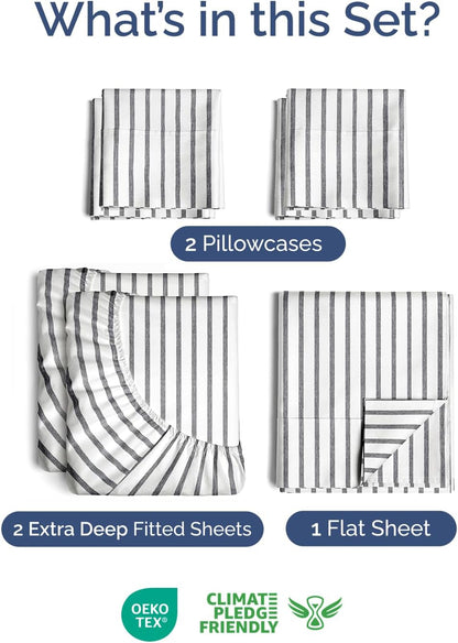 Skiennix Extra Deep Split King Sheet Set - 7 Piece Breathable Cooling Bedding - Soft, Wrinkle-Free Grey Stripes