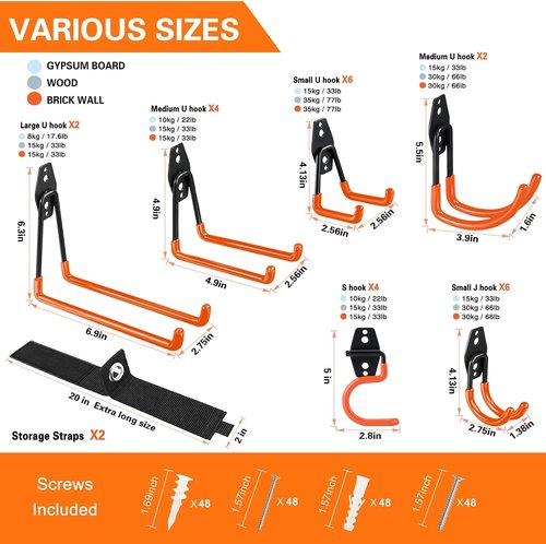 HUPBIPY Heavy Duty Garage Hooks - 26 Pack Wall Mount Storage Organizer for Tools, Ladders & Bikes