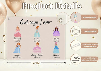 Says I Am Princess Banner Wall Decor for Girls Room - Hanging Flag with Bible Verse, 20x28 in (Variation of THIS listing: Says I Am-1)
