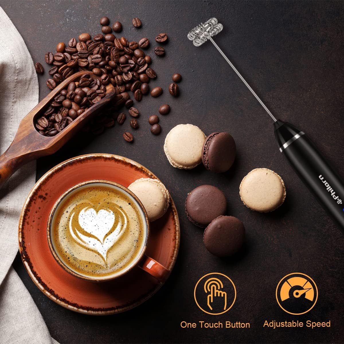 Philorn Milk Frother - Handheld Electric Whisk for Lattes, Cappuccino & More | Rechargeable Mini Foamer (Black)