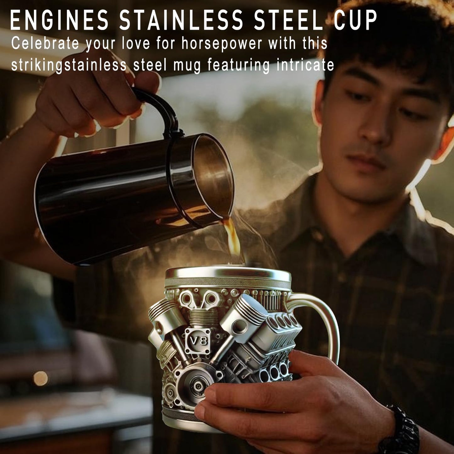 Personalized Stainless Steel Mug - V8 & V6 Engine Design,15oz Handcrafted Durable & Stylish, Perfect for Car Enthusiasts (V8)