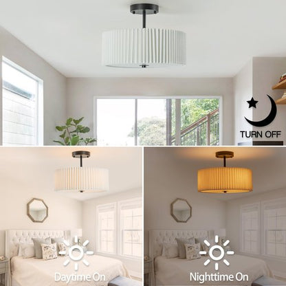 Bargeni Semi Flush Mount Ceiling Light,12.5 inch Ceiling Light Fixture,Black Flush Mount Light Fixture with Pleated Fabric Drum Shade,Light Fixtures Ceiling Mount for Bedroom,Living Room,Hallway