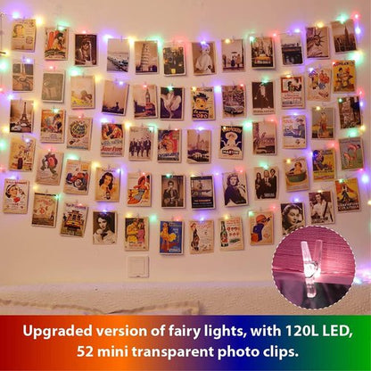 HXWEIYE 120LED Multicolor Photo Clips String Light - 40Ft USB Powered Fairy Lights with 52 Clips & 12 Hooks