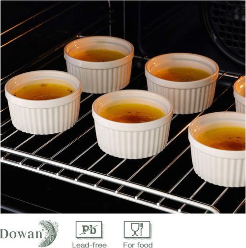 DOWAN 4 Oz Ramekins - Oven Safe Porcelain Bowls for Crème Brûlée & Soufflé | Set of 6, Classic White