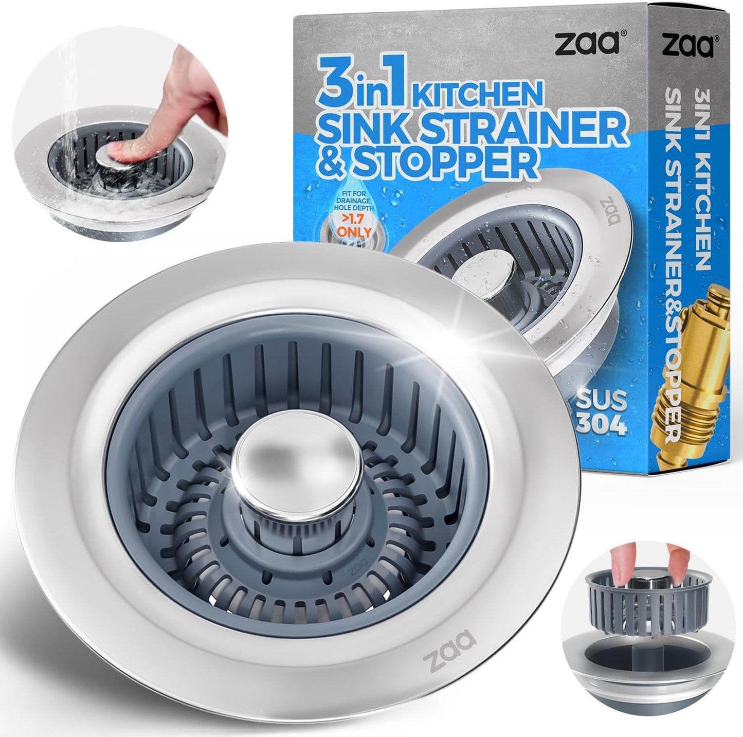 Skiennix Sink Drain Strainer - 3-in-1 Anti-Clogging Kitchen Stopper | Fits US Standard 3-1/2'' Sink Hole, Silver