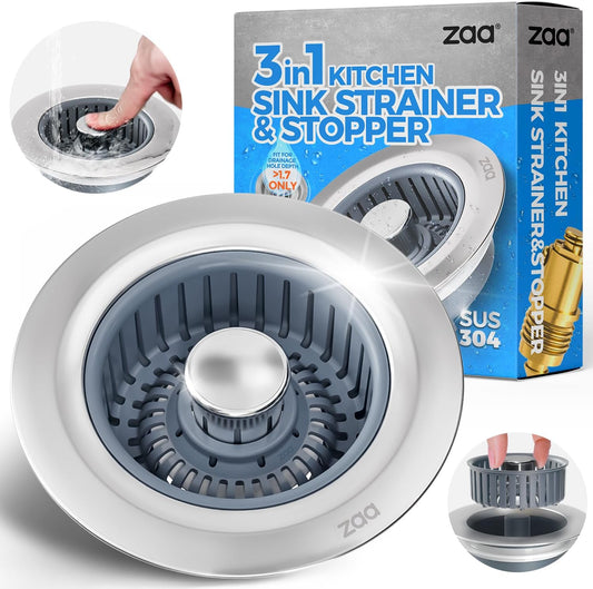 Skiennix Sink Drain Strainer - 3-in-1 Anti-Clogging Kitchen Stopper | Fits US Standard 3-1/2'' Sink Hole, Silver