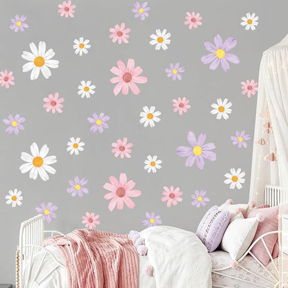 Tanlaby 9 Sheets Daisy Wall Decals – Watercolor Floral Stickers, Pink White Purple Variation
