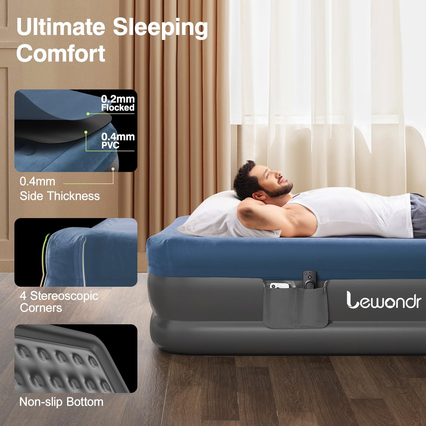 Lewondr Queen Air Mattress with Built in Pump, 18" Deluxe Blow Up Mattress Airbed, Comfy Self Inflating Air Mattress, 3Min Fast Inflatable Mattress for Camping, Home, Guests, Travel(661lb MAX), Blue