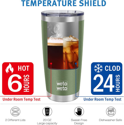WETOWETO 20oz Insulated Stainless Steel Tumbler - Double Wall Travel Mug with 2 Lids & Straws | Army Green