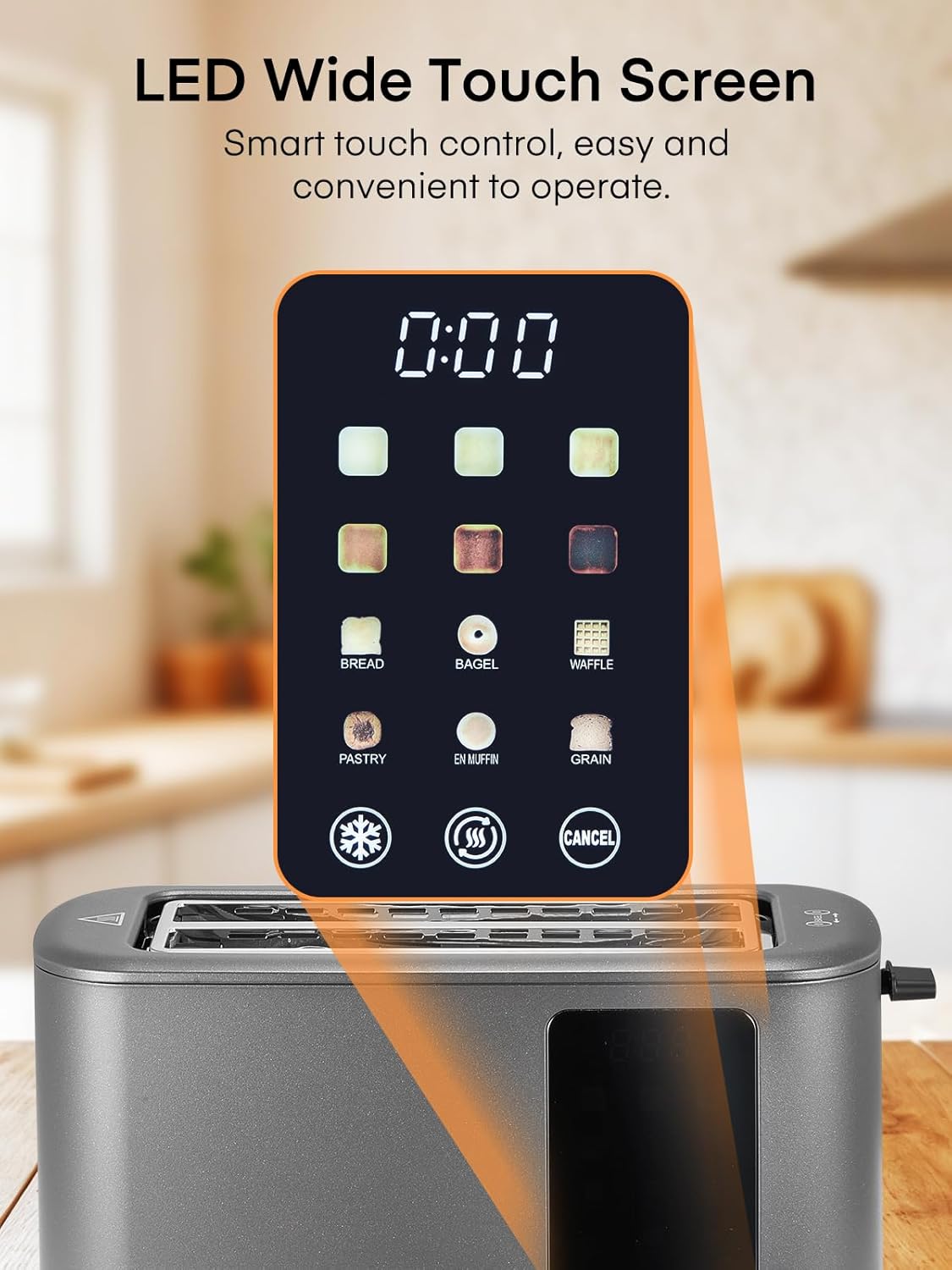 Skiennix 4-Slice Toaster - Touch Screen Control, Extra Wide Slots, Stainless Steel, Grey Finish