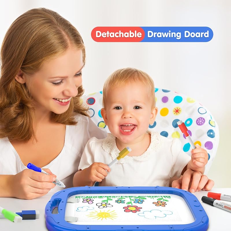 Blue Kids Art Easel for Toddler 3-5, 360° Rotatable Double-Sided Magnetic Chalkboard & Whiteboard