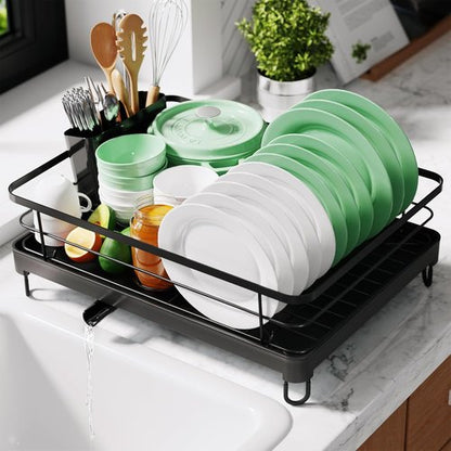 Kitsure Dish Drying Rack - Stainless Steel Kitchen Organizer with Cutlery Holder | 12.7''W x 16.7''L, Black