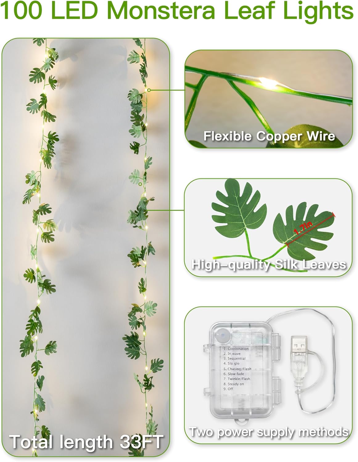 Suddus Vines with Fairy Lights - 33ft 100 LED Monstera Leaves String Lights | Battery & USB Powered, Remote Control for Indoor Tropical Decor
