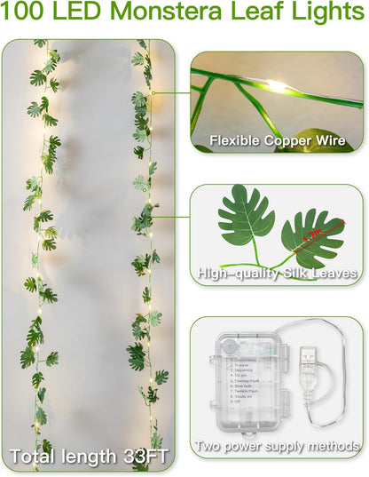 Suddus Vines with Fairy Lights - 33ft 100 LED Monstera Leaves String Lights | Battery & USB Powered, Remote Control for Indoor Tropical Decor