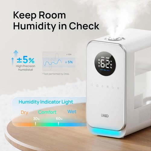 DREO Smart Cool Mist Humidifier - Quiet Top-Fill Design for Large Rooms | 50-Hour Runtime, White