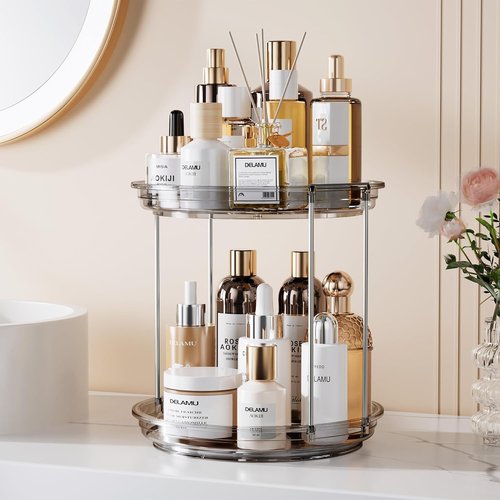 Delamu 2-Tier Rotating Makeup Organizer - Large Capacity Skincare & Perfume Holder | Grey