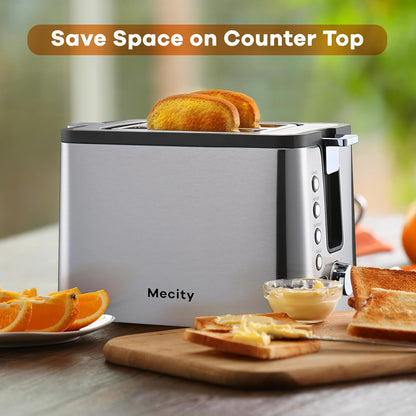 Mecity 2-Slice Stainless Steel Toaster - Timer, Bagel & Defrost Functions | 800W with Extra Wide Slots