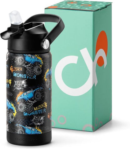 Choco Mocha Kids Water Bottle - Insulated Stainless Steel for School | 14oz Monster Truck Design