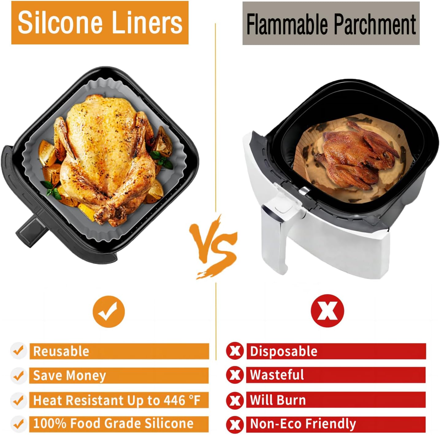 Ninja Silicone Air Fryer Liners - Reusable 8.8-Inch Square Basket for 5-8QT Air Fryers | 2-Pack