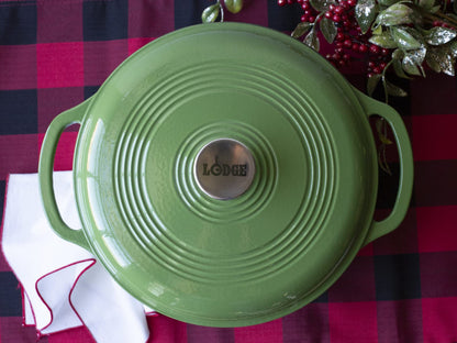 Lodge 6 Quart Enameled Cast Iron Dutch Oven with Lid – Dual Handles – Oven Safe up to 500° F or on Stovetop - Use to Marinate, Cook, Bake, Refrigerate and Serve – Holiday Green