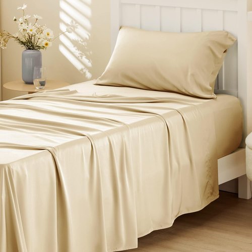 Bedsure Cooling Twin Sheets - Breathable Rayon from Bamboo | Soft, Deep Pocket Up to 16 Inches, Hotel Luxury Alabaster Gleam