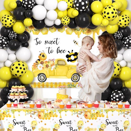AIBIIN Bee 1st Birthday Party Supplies First Bee Day Decorations Tablecloth Set Bee Balloon Wreath Kit And Arch -1st Bee Birthday So Sweet To Bee One Banner Birthday Party For Boys Girls Photo Props