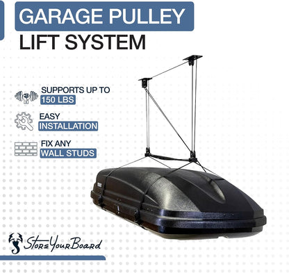 StoreYourBoard Cargo Box Pulley System - Heavy-Duty Garage Hoist for Rooftop Carriers | 150 lbs Capacity, Fits 8-10 ft Ceilings