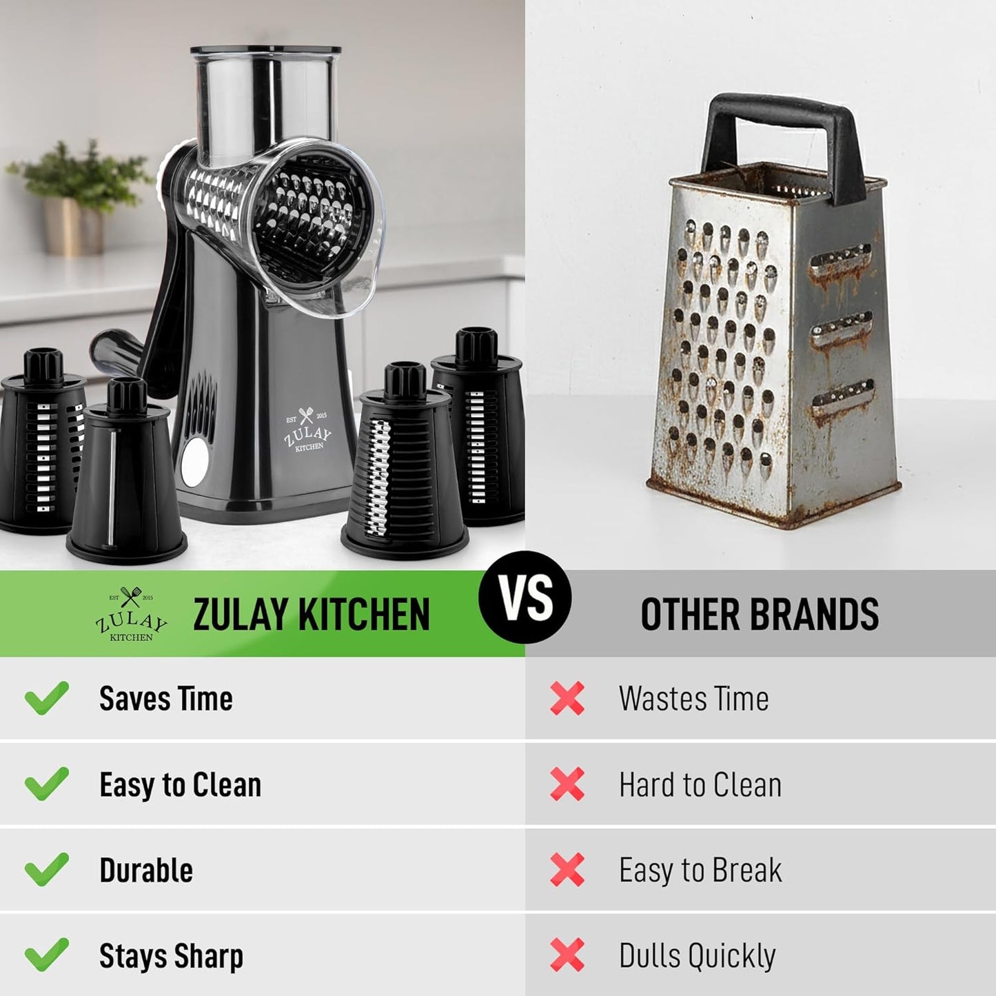 Zulay Kitchen Rotary Cheese Grater - 5 Blade Manual Hand Crank Shredder with Suction Base & Interchangeable Drums