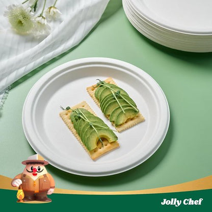 JOLLY CHEF Compostable Heavy Duty Plates - Eco-Friendly 10-Inch White Paper Plates | 125-Pack Made from Biodegradable Sugarcane Fibers