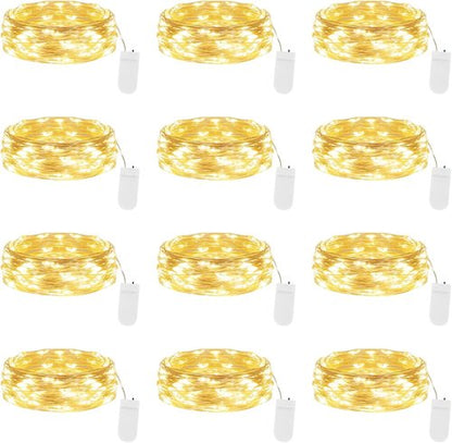 Lakumu Fairy Lights - 12-Pack Battery Operated 7FT Waterproof Silver Wire LED String Lights | Warm White for DIY Decor