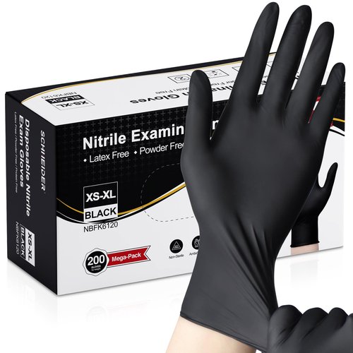 Schneider Nitrile Exam Gloves, Black Latex Free Powder Free Disposable Gloves for Medical, Cooking, Cleaning, and Food Prep (Medium, 200)