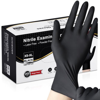 Schneider Nitrile Exam Gloves, Black Latex Free Powder Free Disposable Gloves for Medical, Cooking, Cleaning, and Food Prep (Medium, 200)