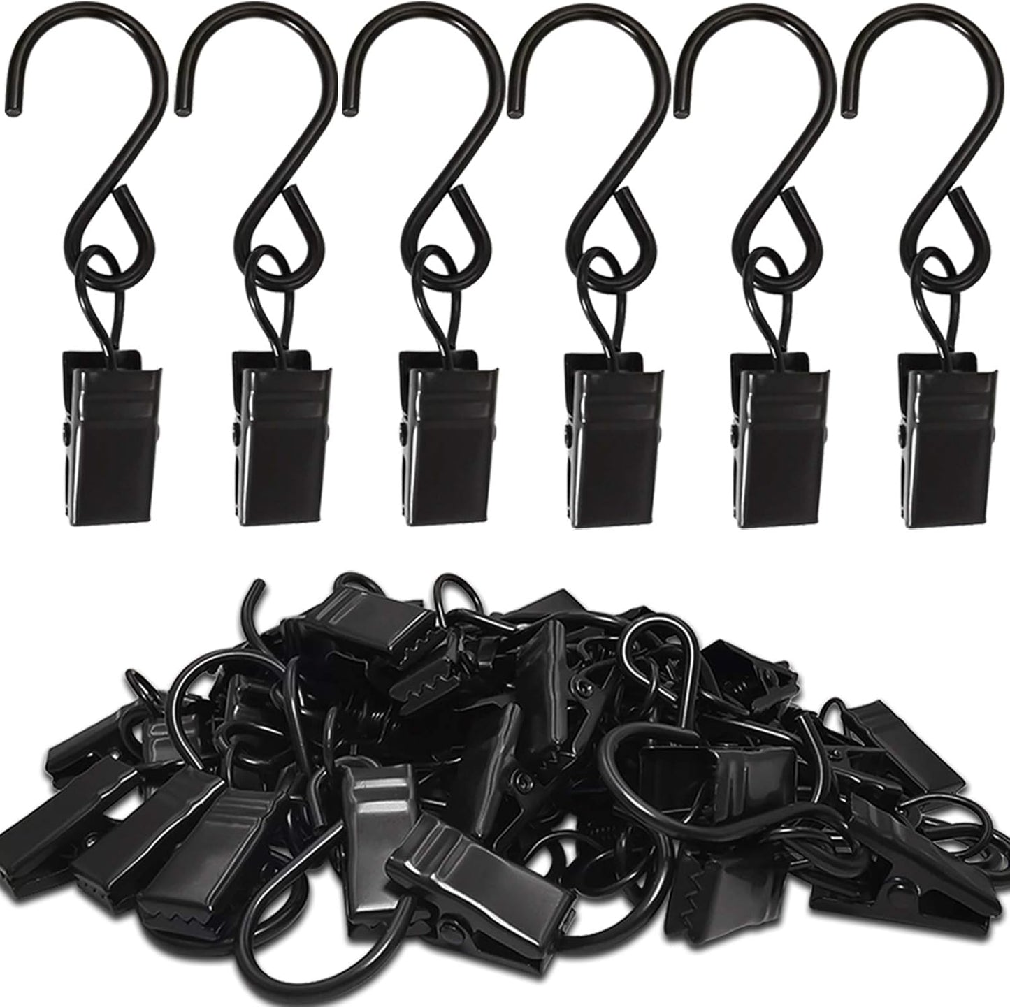 Stainless Steel S Hooks - 50 Pack Curtain Clips for Hanging Lights & Art Displays | 2.4 Inch, Black