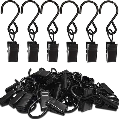 Stainless Steel S Hooks - 50 Pack Curtain Clips for Hanging Lights & Art Displays | 2.4 Inch, Black