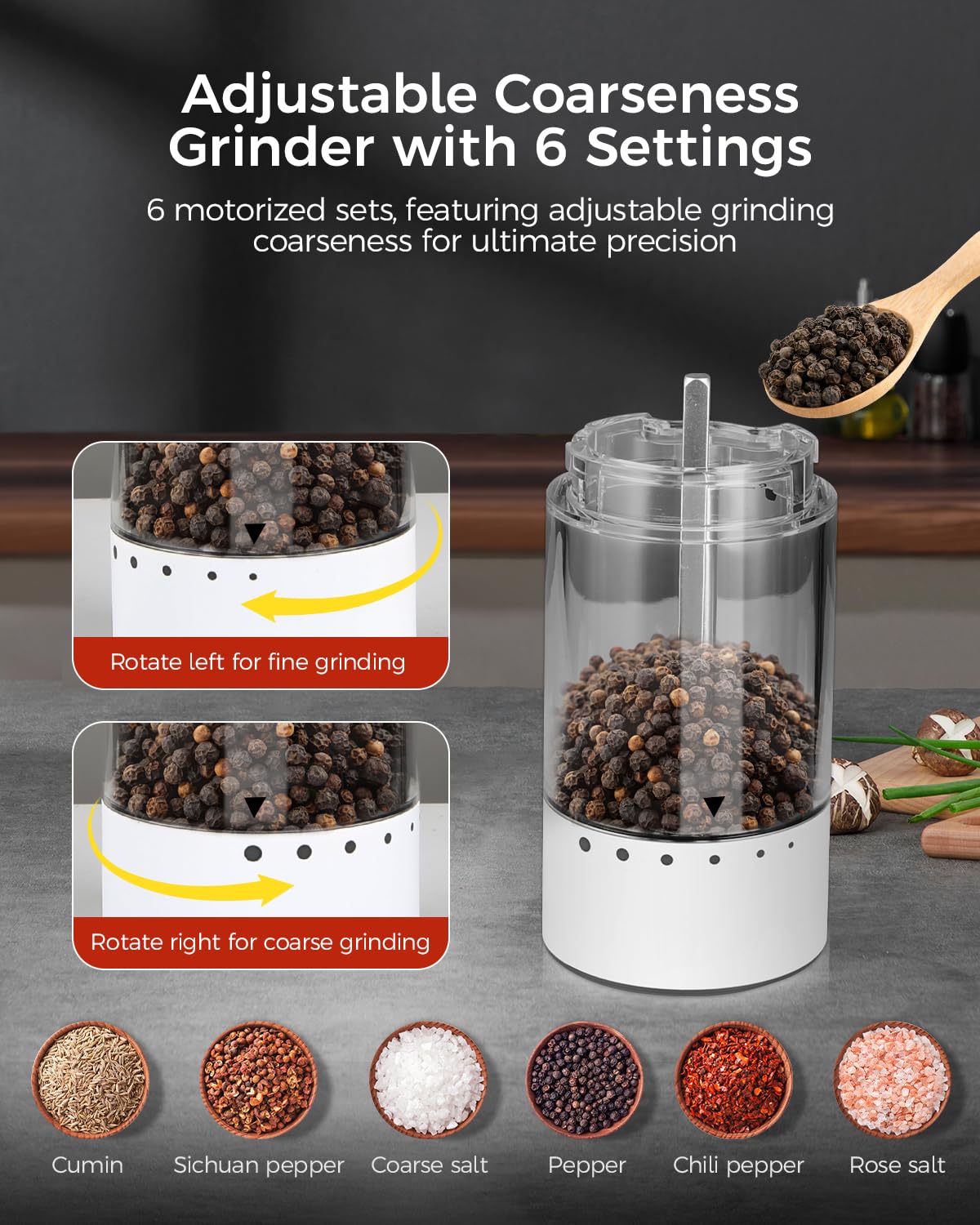 Newise Electric Salt and Pepper Grinder Set Rechargeable with Light, Automatic & Adjustable Coarseness, Kitchen Gadgets, Housewarming Gifts for New Home, 2 Pack, White