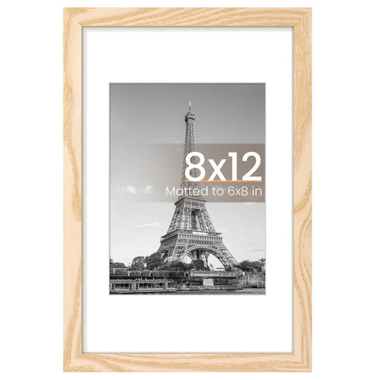 upsimples 8x12 Picture Frame, Display Pictures 6x8 with Mat or 8 x 12 Without, Wall Hanging Photo Frames, Natural, 1 Pack