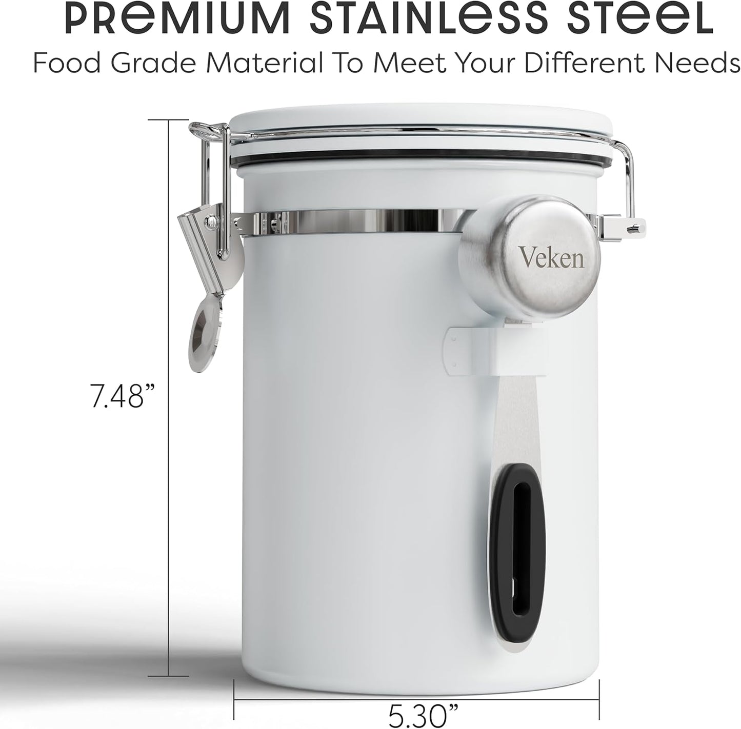 Veken Coffee Canister - Airtight Stainless Steel Container with Window | 22oz White for Grounds, Beans, Tea, and More