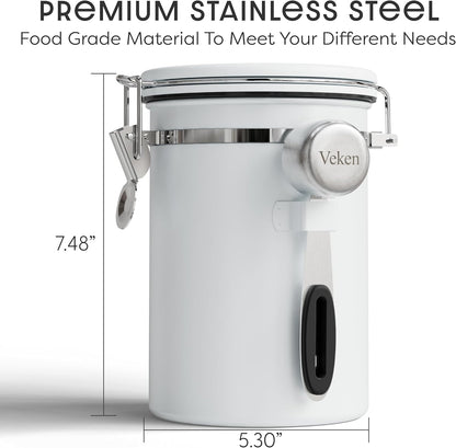 Veken Coffee Canister - Airtight Stainless Steel Container with Window | 22oz White for Grounds, Beans, Tea, and More